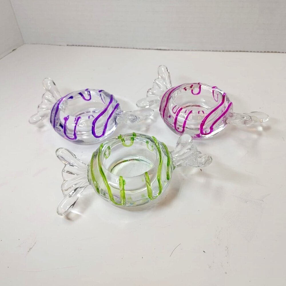 Candle Holders Set of 3 PartyLite Jollyville Glass Swirl Wrapped Candy Tea Light